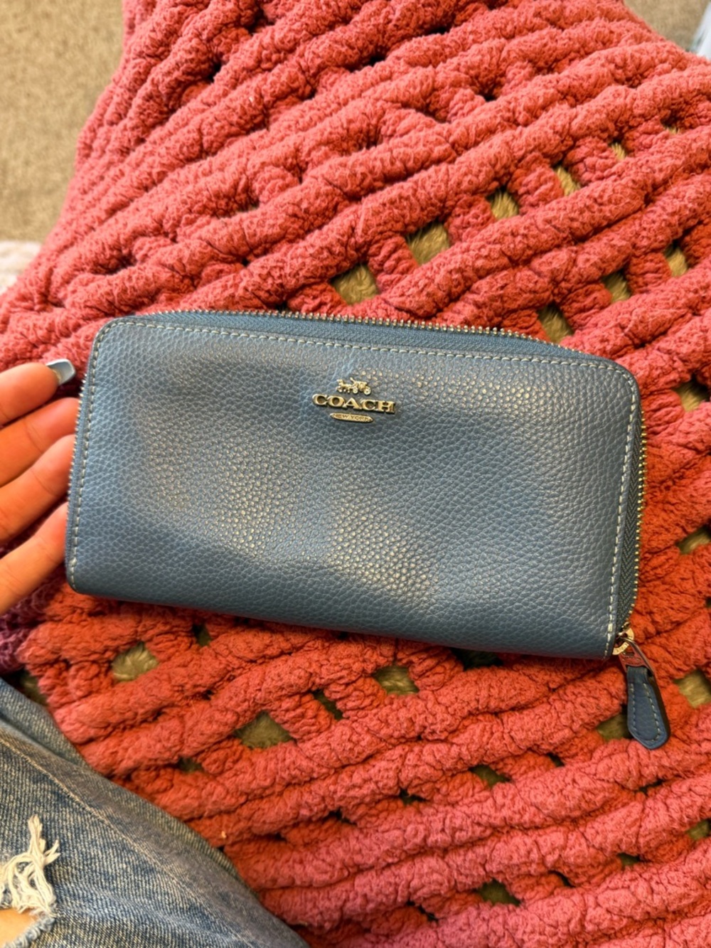 Coach Blue Leather Zip Around Wallet with Signature Silver Logo